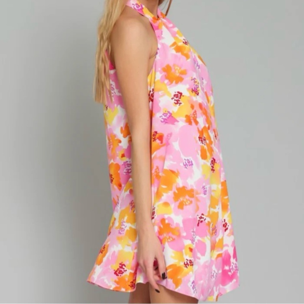 Aakaa Twist Front Abstract Floral Mini Dress Colorful Print Size Medium Women’s - Picture 4 of 10